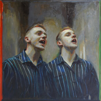 Two men singing, wearing striped shirts