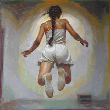 Woman jumping, with a braid, viewed from behind