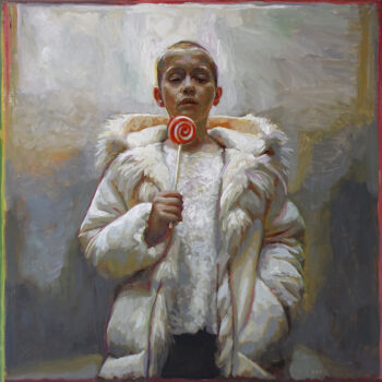 Young woman in furs with lollipop